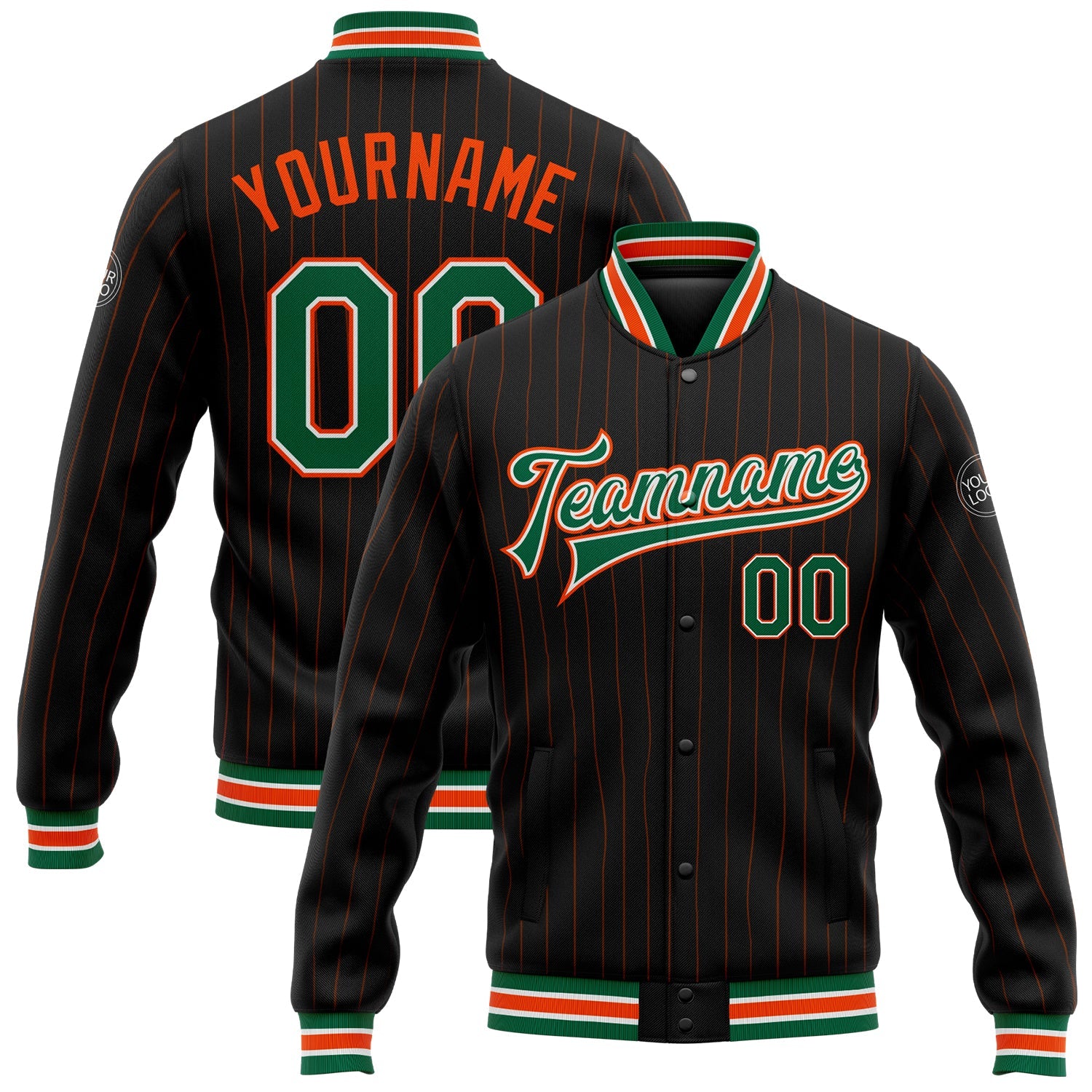 Custom Black Orange Pinstripe Kelly Green-White Bomber Full-Snap Varsity Letterman Jacket - Main View