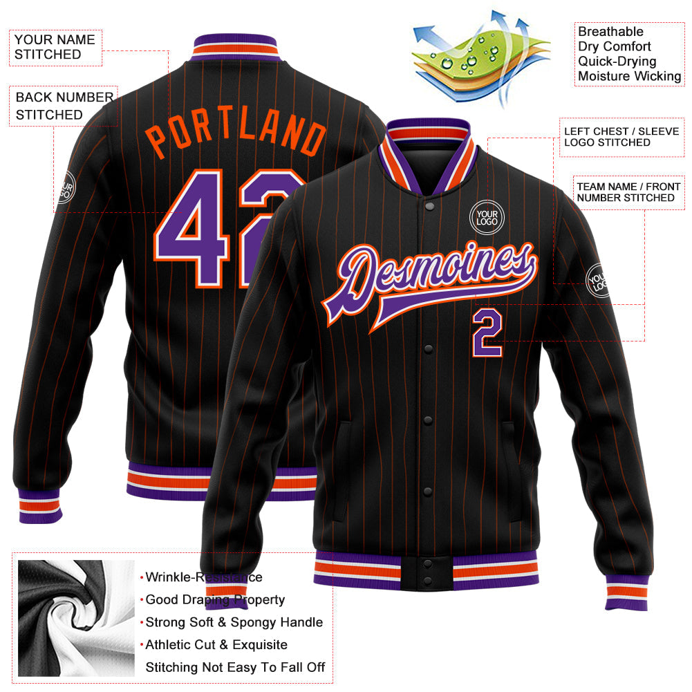 Custom Black Orange Pinstripe Purple-White Bomber Full-Snap Varsity Letterman Jacket view 5