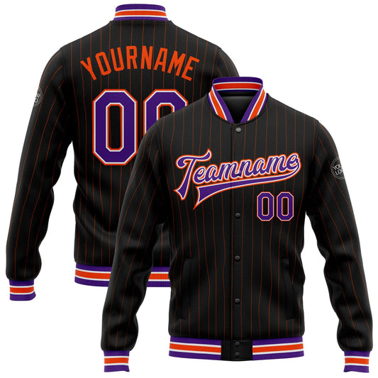 Custom Black Orange Pinstripe Purple-White Bomber Full-Snap Varsity Letterman Jacket - Main View