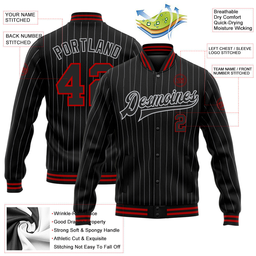 Custom Black Gray Pinstripe Red Bomber Full-Snap Varsity Letterman Jacket view 5