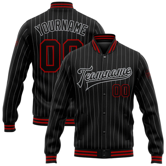 Custom Black Gray Pinstripe Red Bomber Full-Snap Varsity Letterman Jacket - Main View