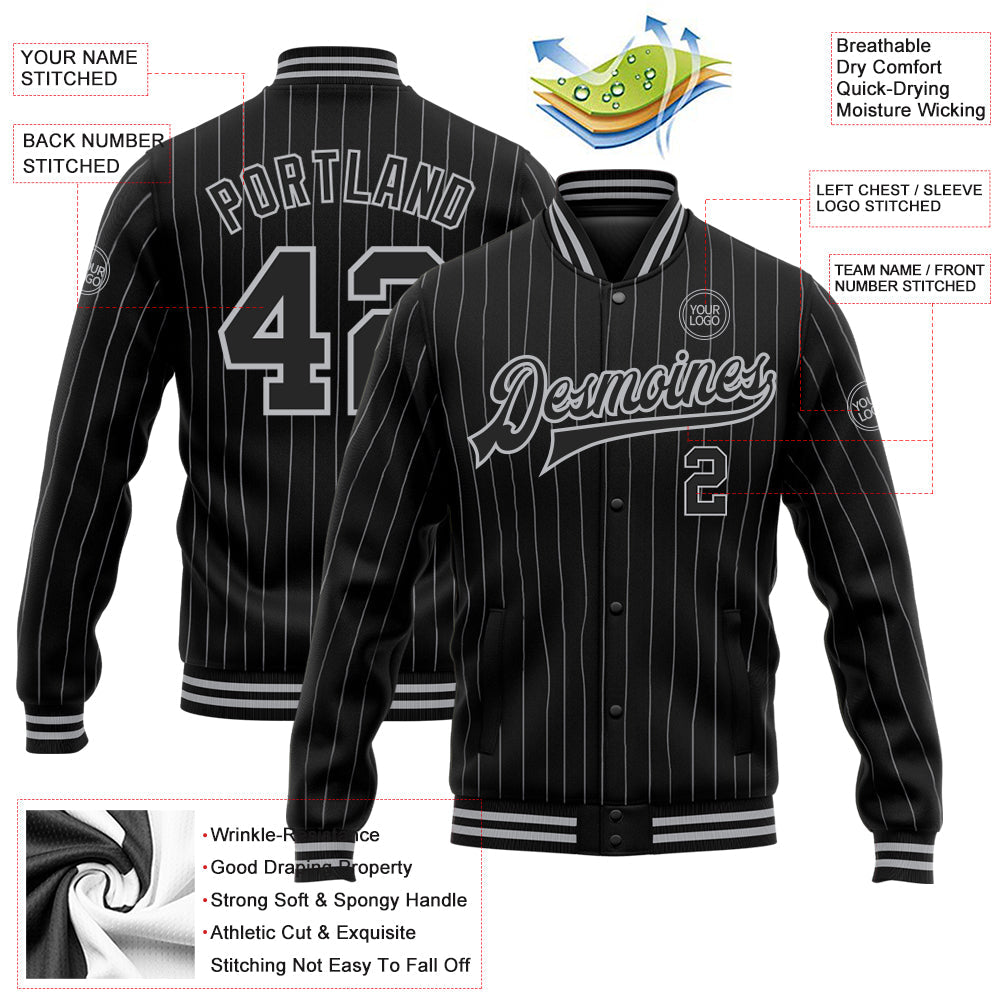 Custom Black Gray Pinstripe Gray Bomber Full-Snap Varsity Letterman Jacket view 5
