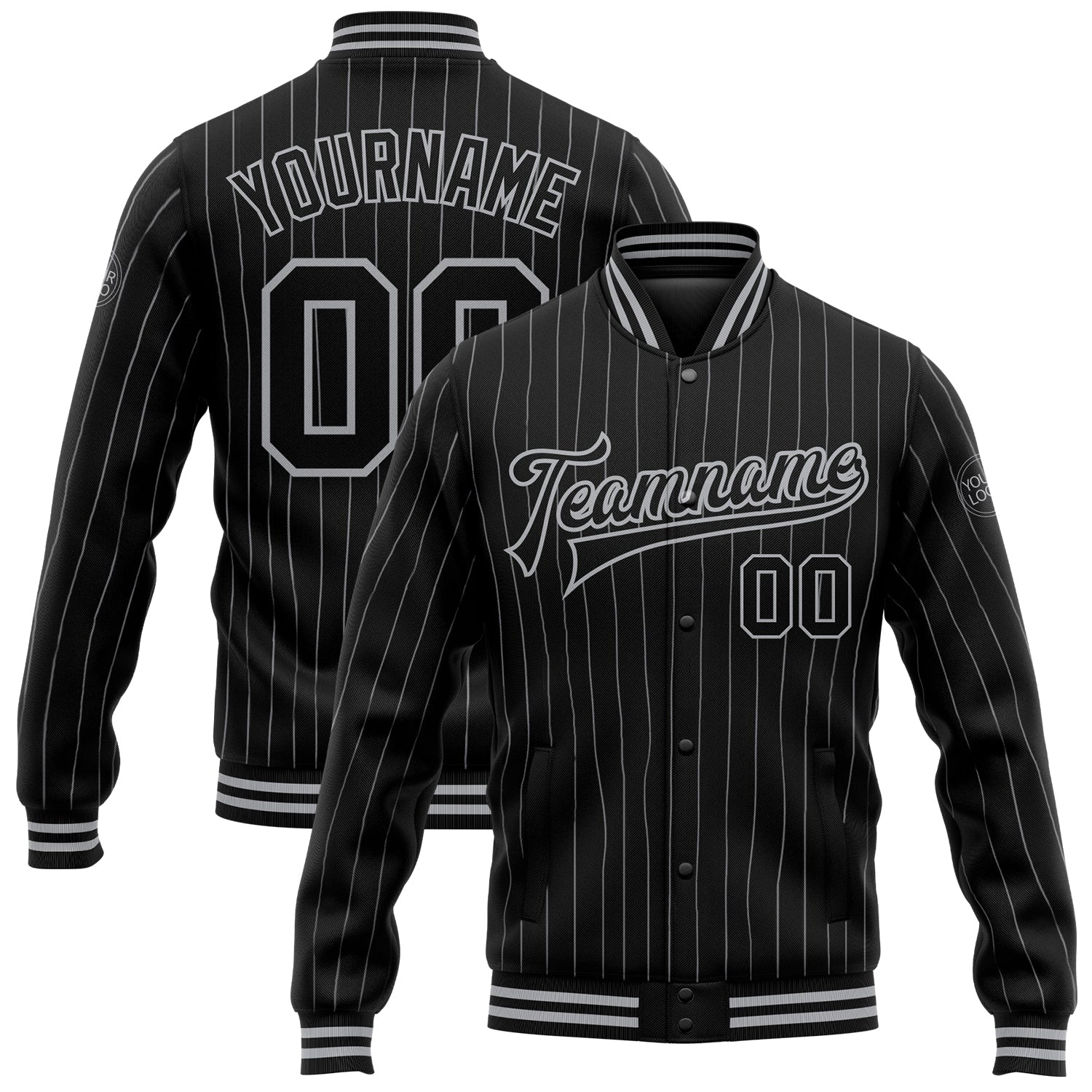 Custom Black Gray Pinstripe Gray Bomber Full-Snap Varsity Letterman Jacket - Main View