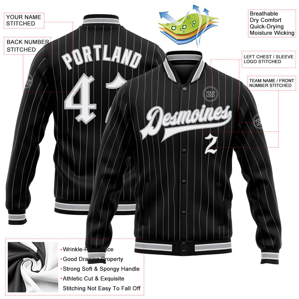 Custom Black Gray Pinstripe White Bomber Full-Snap Varsity Letterman Jacket view 5