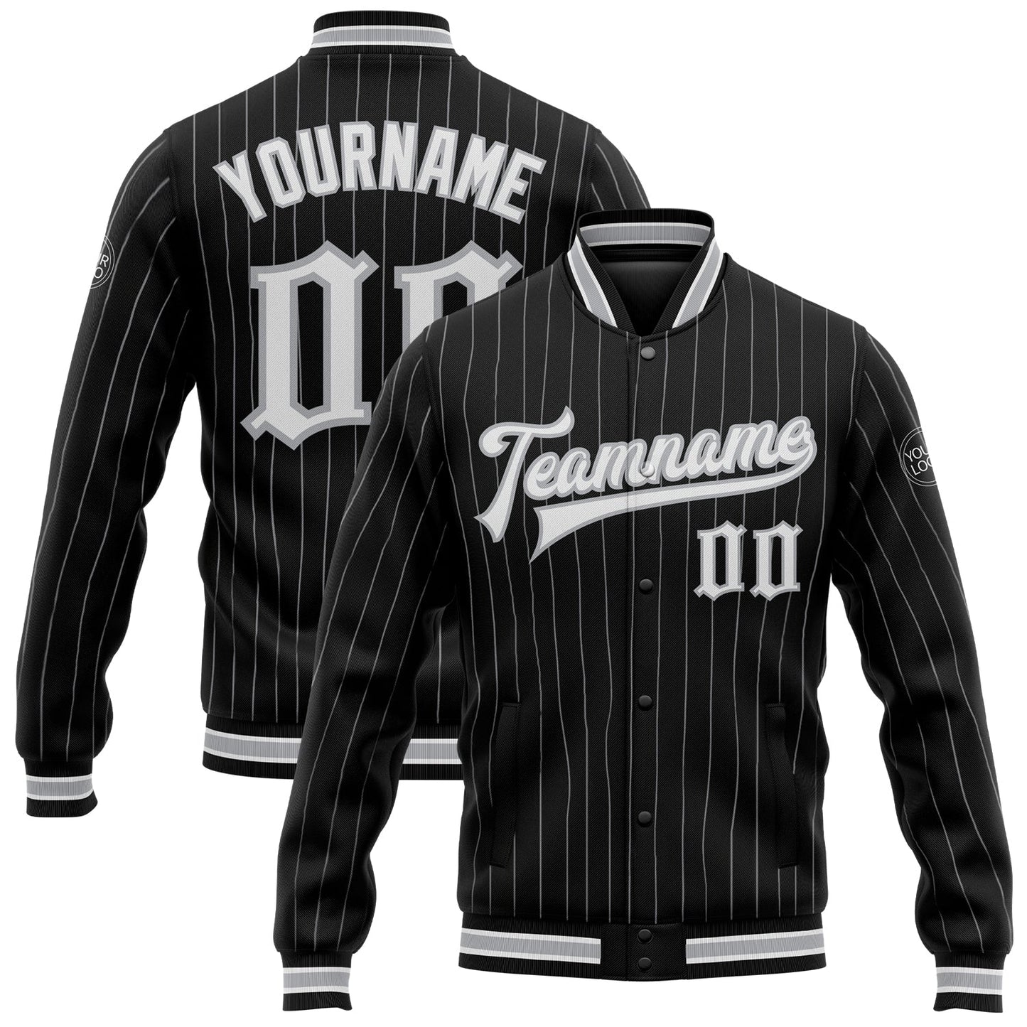 Custom Black Gray Pinstripe White Bomber Full-Snap Varsity Letterman Jacket - Main View