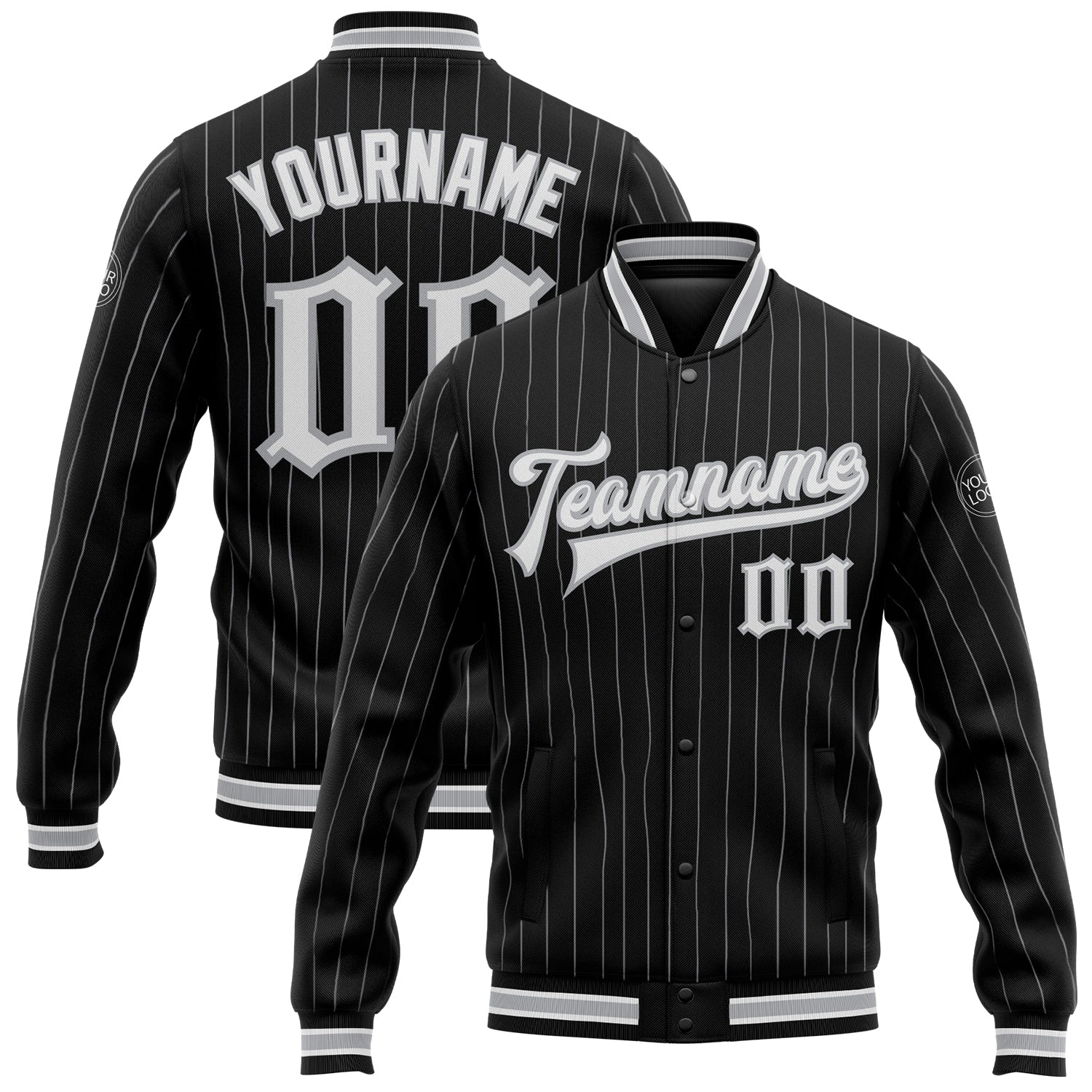 Custom Black Gray Pinstripe White Bomber Full-Snap Varsity Letterman Jacket - Main View