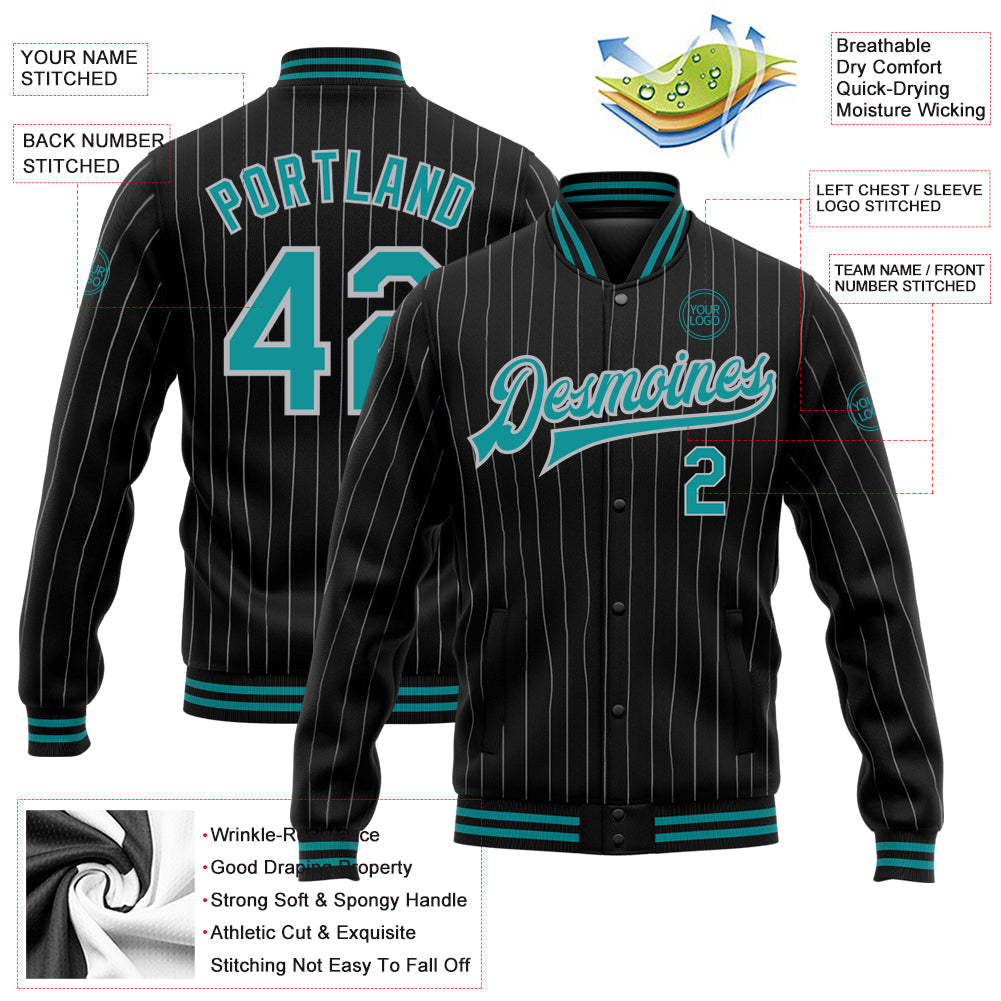 Custom Black Gray Pinstripe Teal Bomber Full-Snap Varsity Letterman Jacket view 5