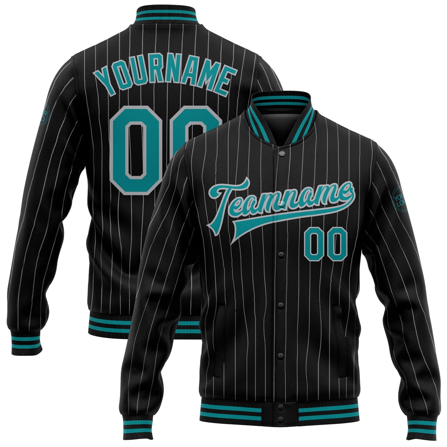 Custom Black Gray Pinstripe Teal Bomber Full-Snap Varsity Letterman Jacket - Main View