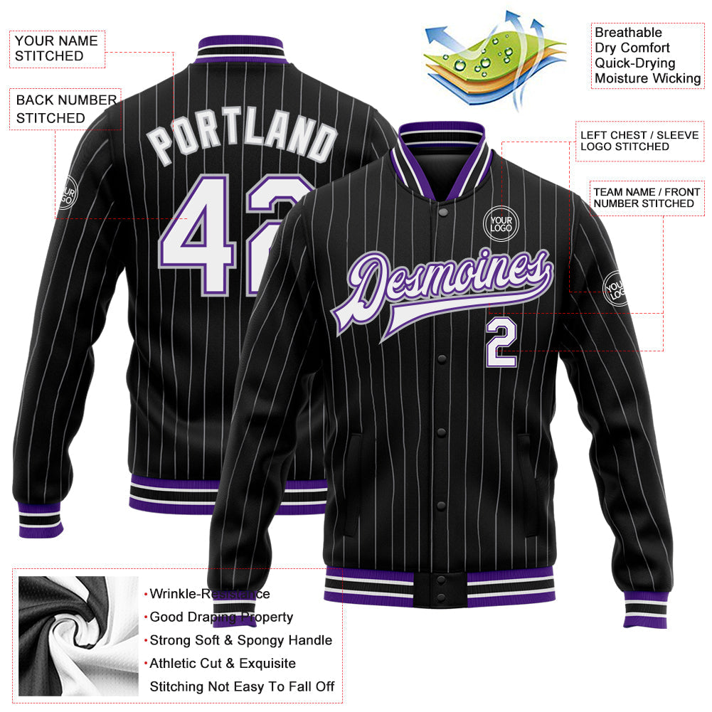 Custom Black Gray Pinstripe White-Purple Bomber Full-Snap Varsity Letterman Jacket view 5