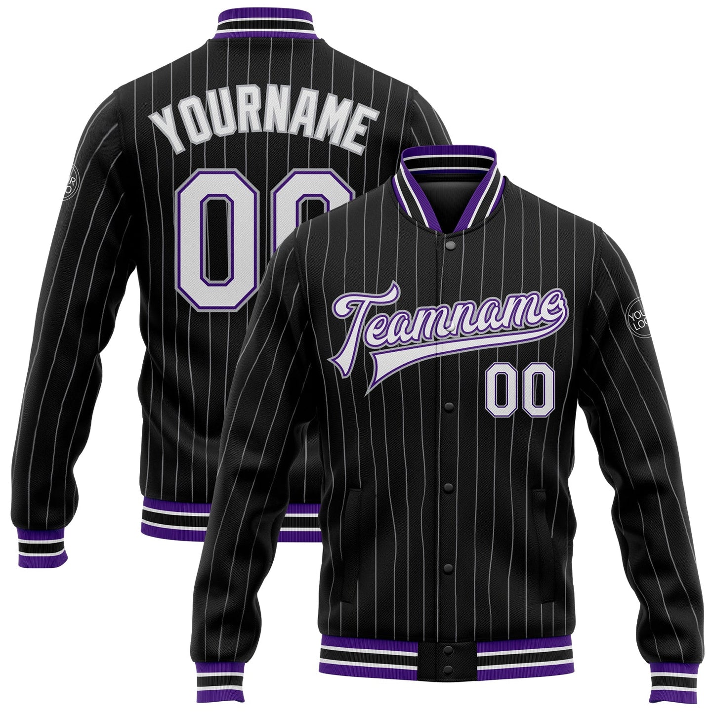 Custom Black Gray Pinstripe White-Purple Bomber Full-Snap Varsity Letterman Jacket - Main View