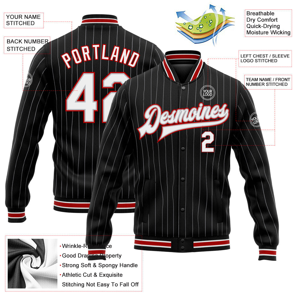 Custom Black Gray Pinstripe White-Red Bomber Full-Snap Varsity Letterman Jacket view 5