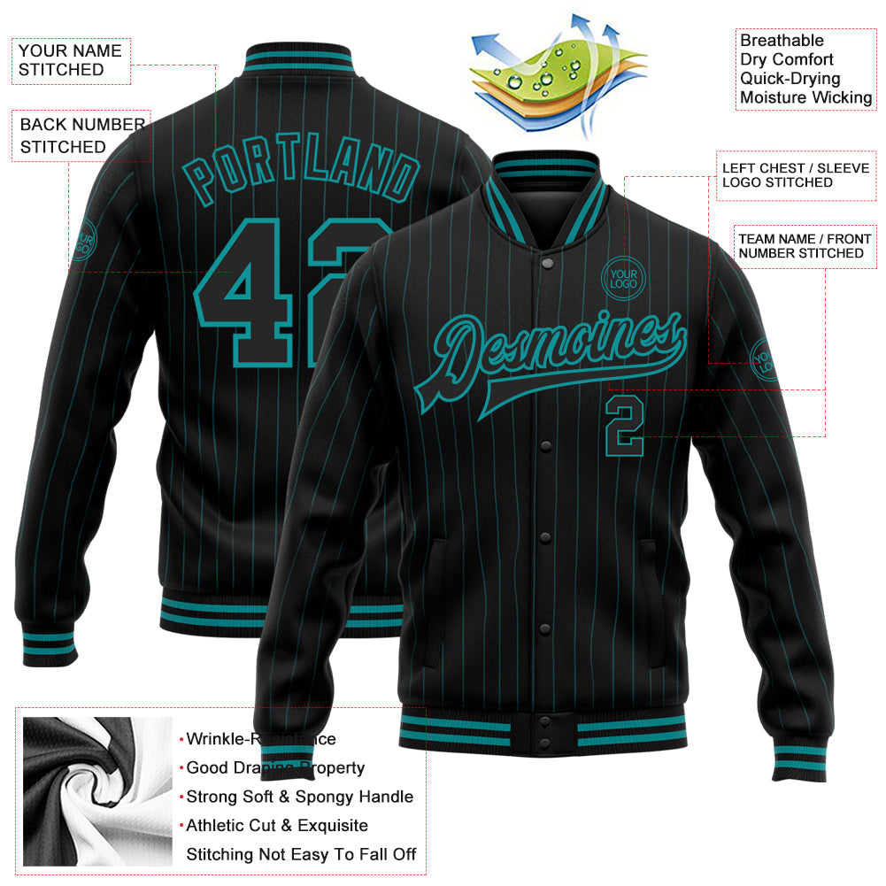 Custom Black Teal Pinstripe Teal Bomber Full-Snap Varsity Letterman Jacket view 5