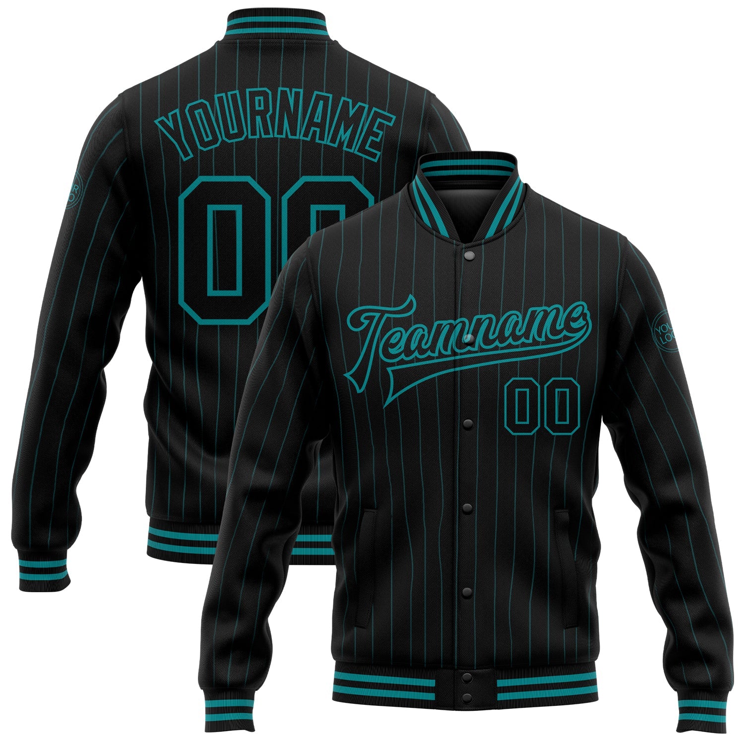 Custom Black Teal Pinstripe Teal Bomber Full-Snap Varsity Letterman Jacket - Main View