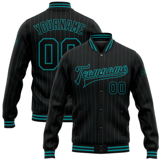 Custom Black Teal Pinstripe Teal Bomber Full-Snap Varsity Letterman Jacket - Main View