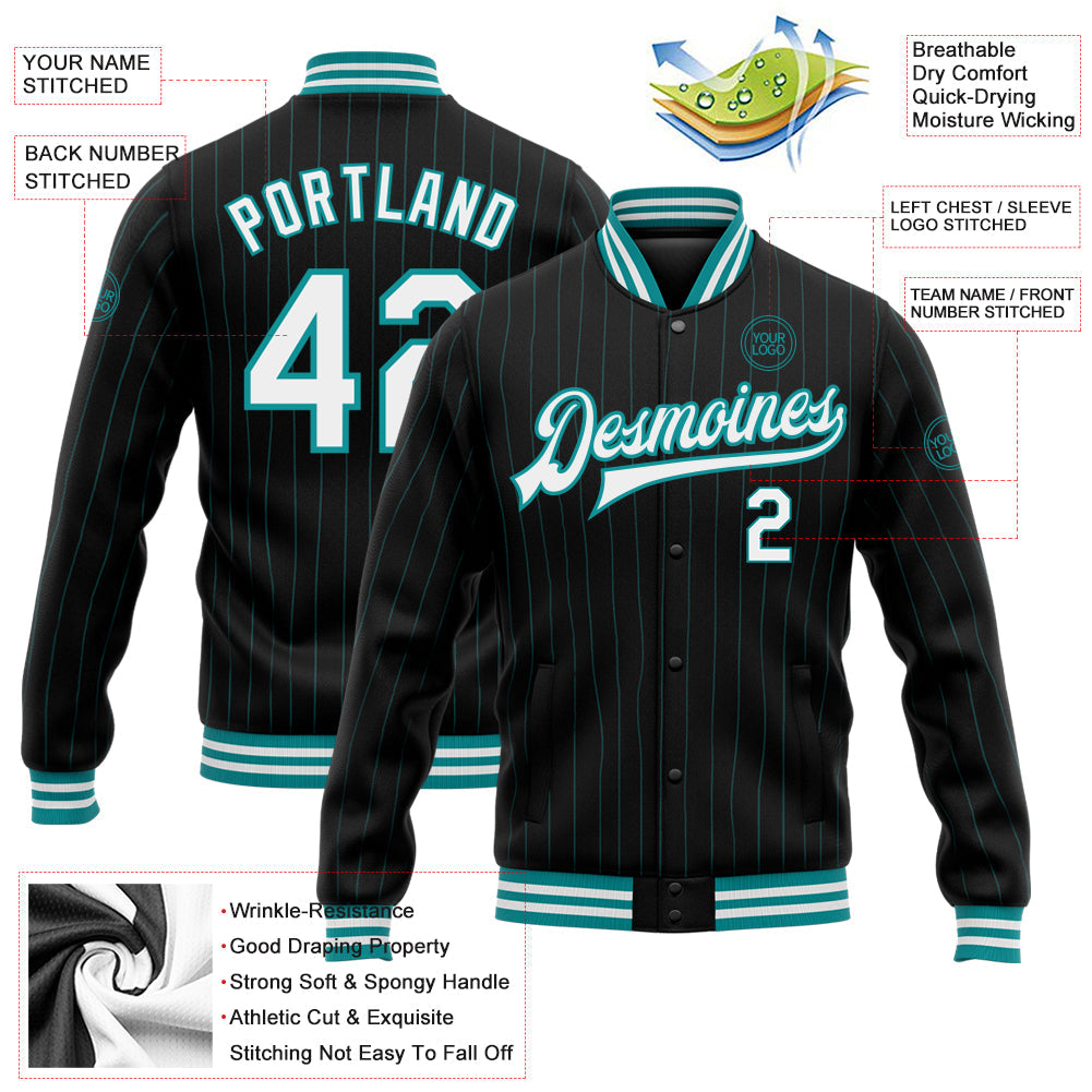 Custom Black Teal Pinstripe White Bomber Full-Snap Varsity Letterman Jacket view 5