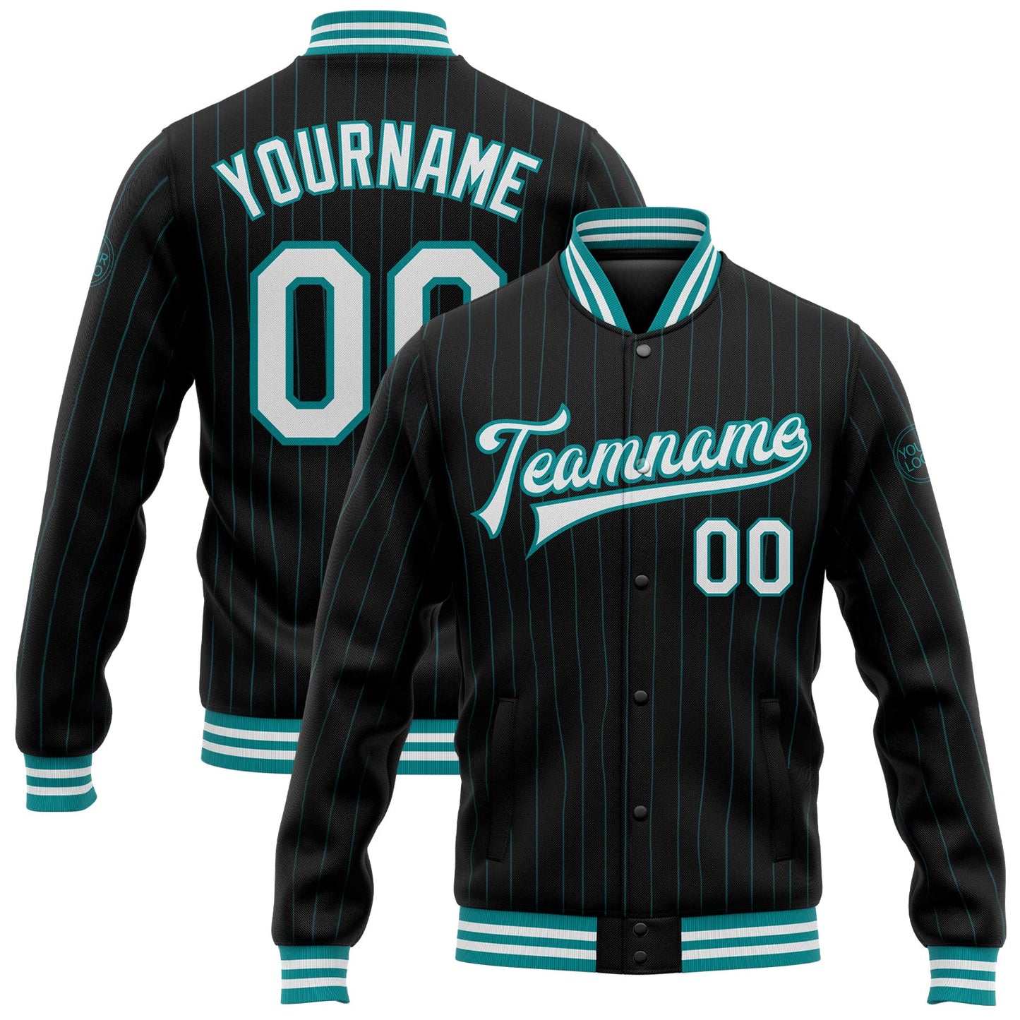 Custom Black Teal Pinstripe White Bomber Full-Snap Varsity Letterman Jacket - Main View