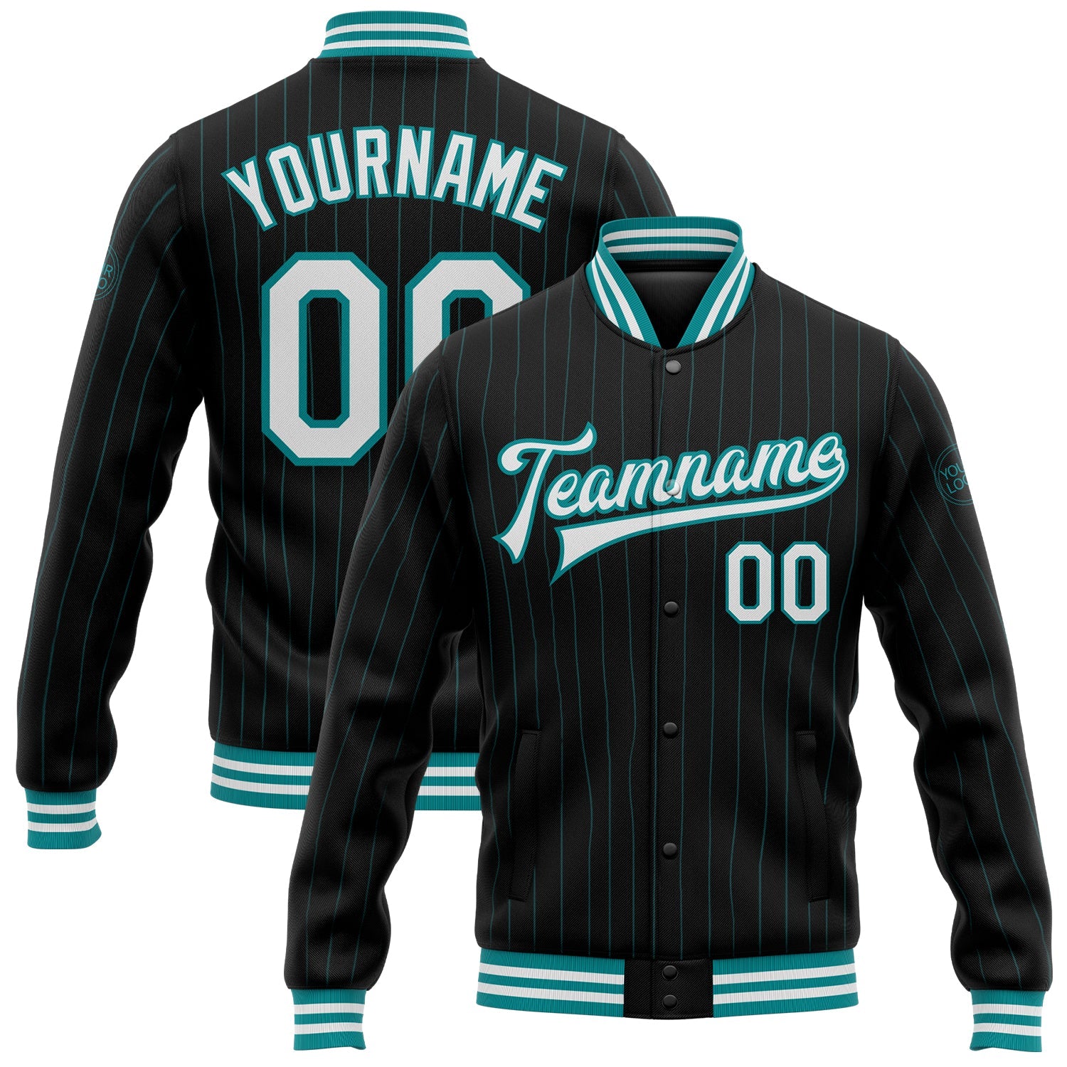 Custom Black Teal Pinstripe White Bomber Full-Snap Varsity Letterman Jacket - Main View