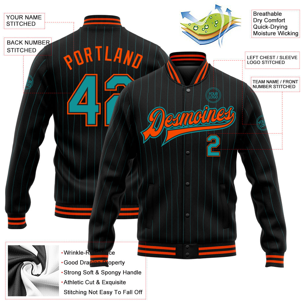 Custom Black Teal Pinstripe Orange Bomber Full-Snap Varsity Letterman Jacket view 5