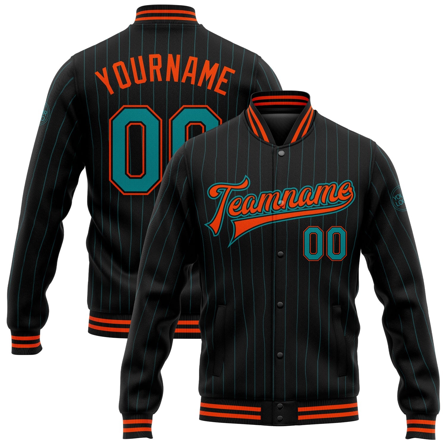 Custom Black Teal Pinstripe Orange Bomber Full-Snap Varsity Letterman Jacket - Main View