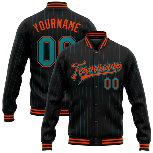 Custom Black Teal Pinstripe Orange Bomber Full-Snap Varsity Letterman Jacket - Main View