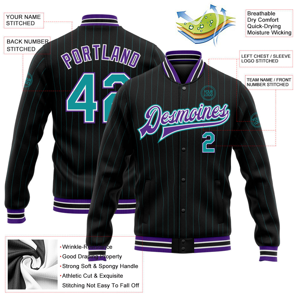 Custom Black Teal Pinstripe Purple Bomber Full-Snap Varsity Letterman Jacket view 5