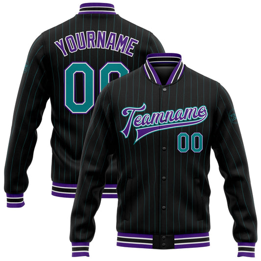 Custom Black Teal Pinstripe Purple Bomber Full-Snap Varsity Letterman Jacket - Main View
