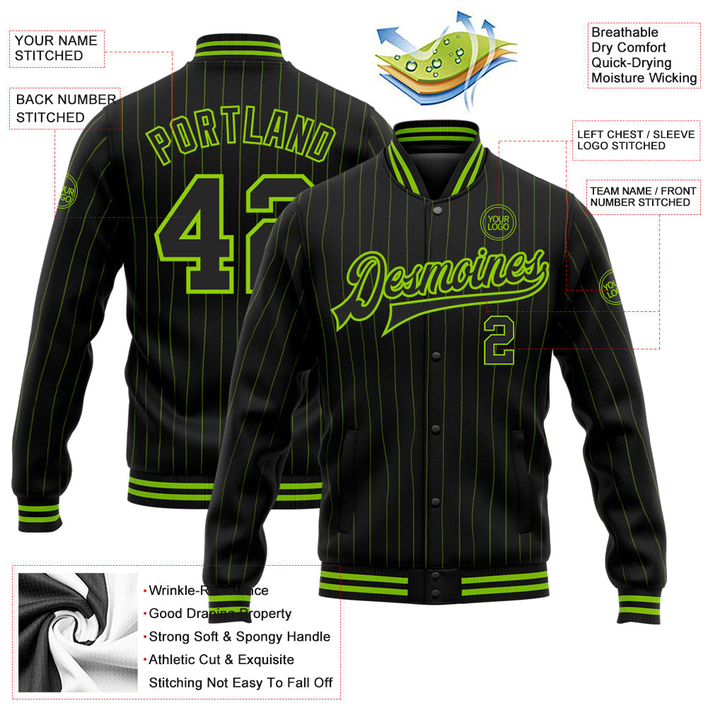 Custom Black Neon Green Pinstripe Neon Green Bomber Full-Snap Varsity Letterman Jacket view 5