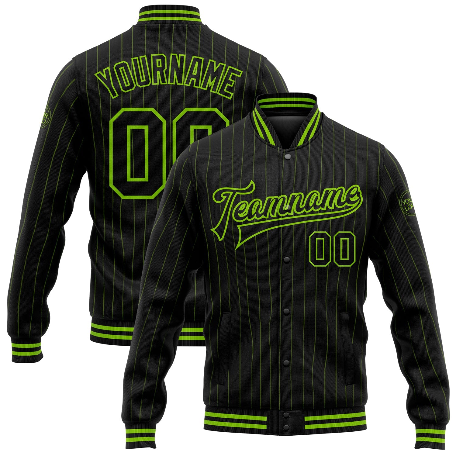 Custom Black Neon Green Pinstripe Neon Green Bomber Full-Snap Varsity Letterman Jacket - Main View