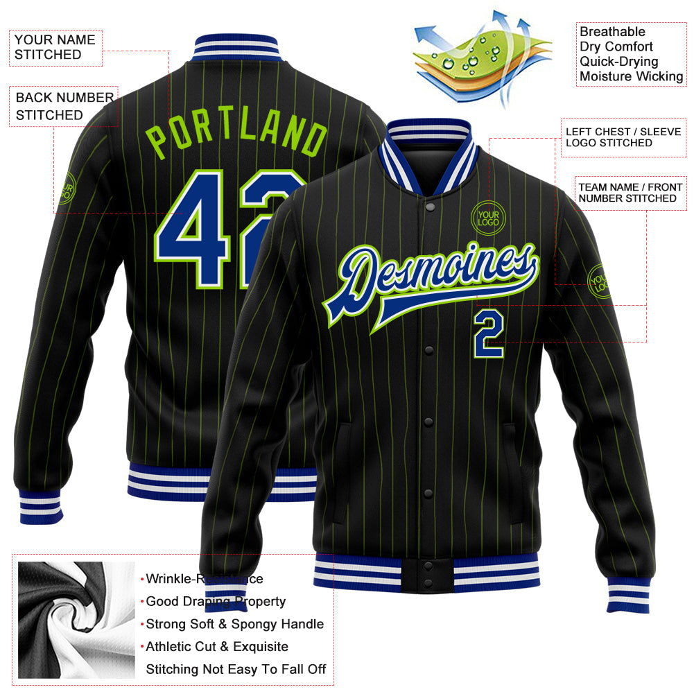 Custom Black Neon Green Pinstripe Royal-White Bomber Full-Snap Varsity Letterman Jacket view 5