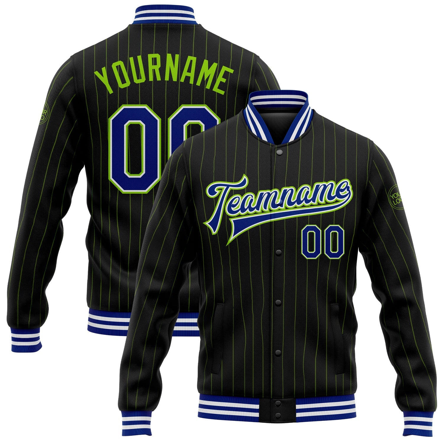 Custom Black Neon Green Pinstripe Royal-White Bomber Full-Snap Varsity Letterman Jacket - Main View