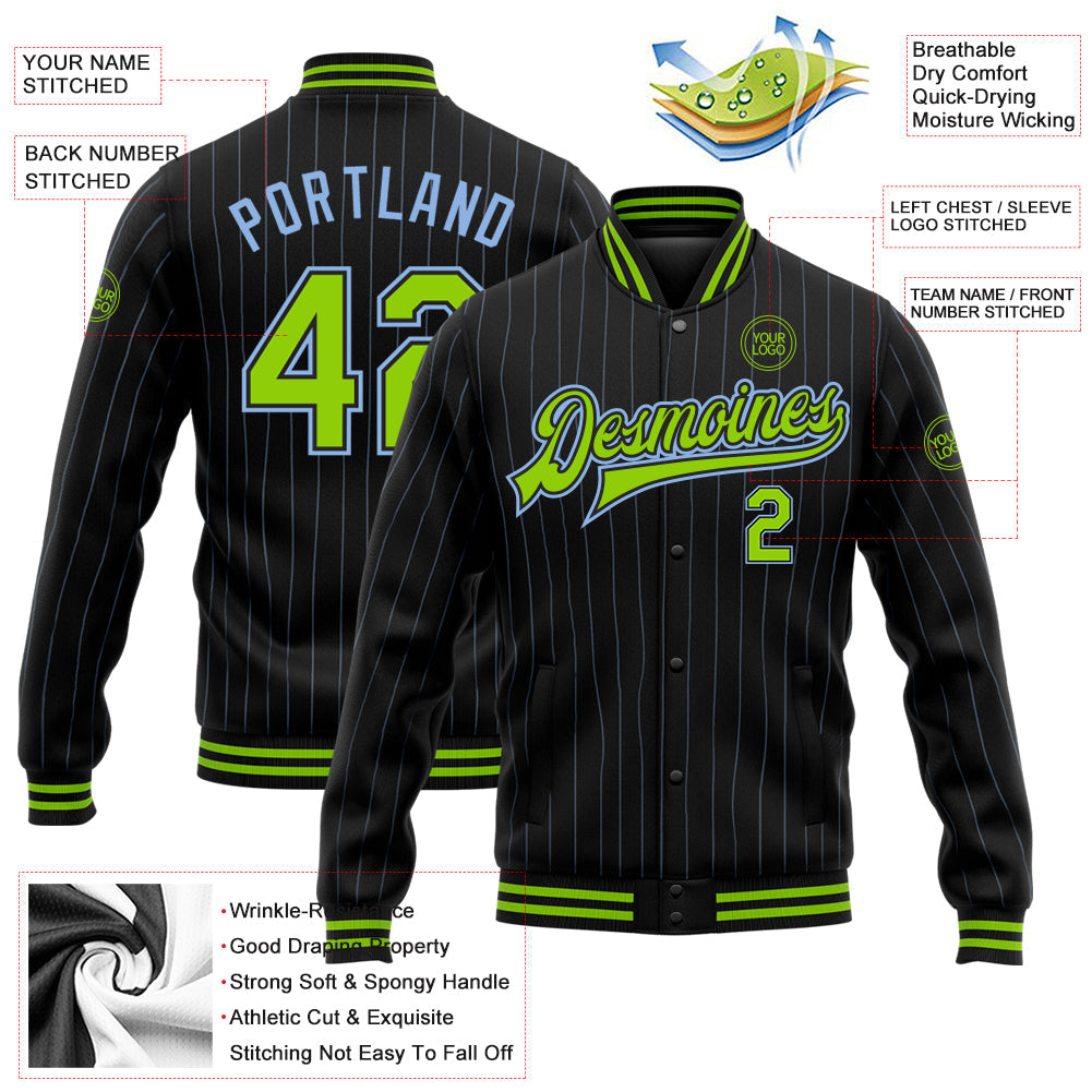 Custom Black Light Blue Pinstripe Neon Green Bomber Full-Snap Varsity Letterman Jacket view 5