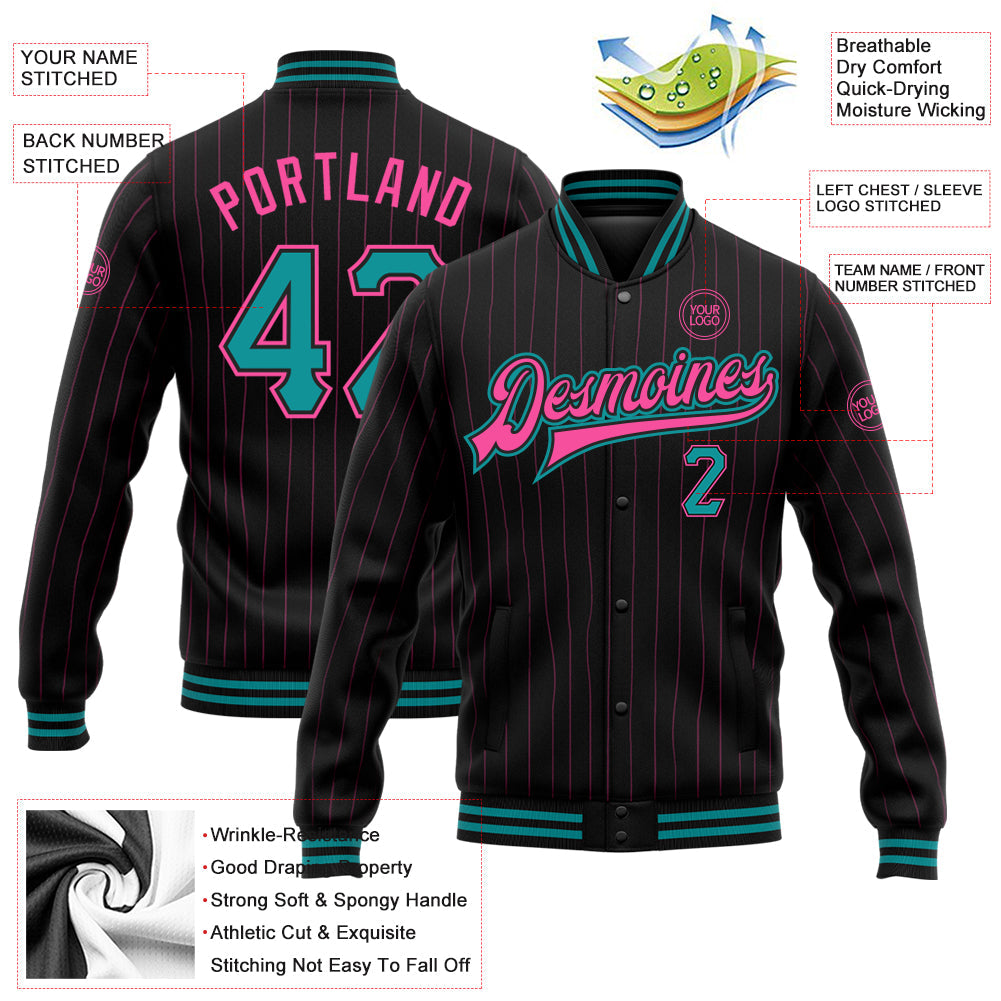 Custom Black Pink Pinstripe Teal Bomber Full-Snap Varsity Letterman Jacket view 5
