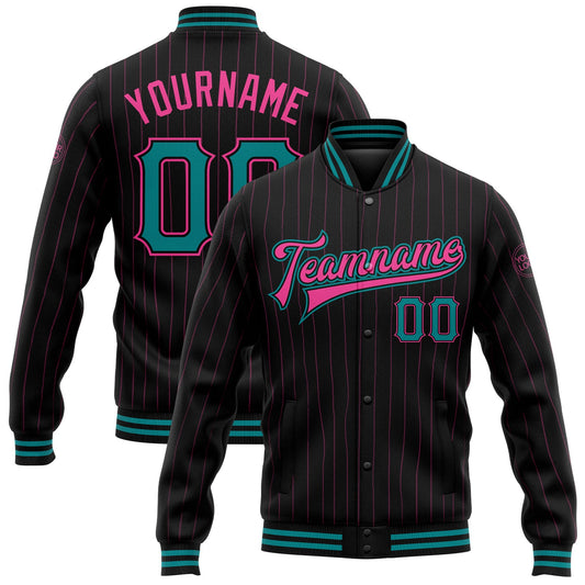 Custom Black Pink Pinstripe Teal Bomber Full-Snap Varsity Letterman Jacket - Main View