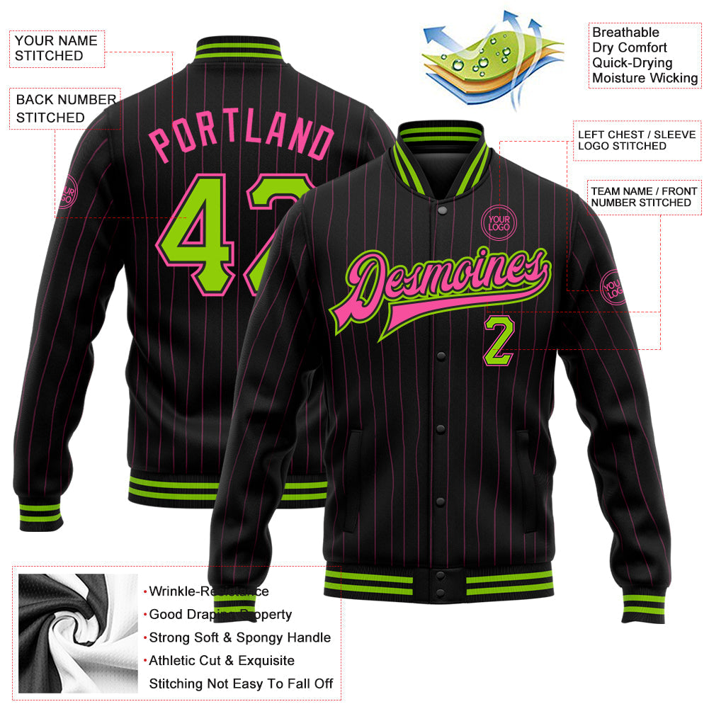 Custom Black Pink Pinstripe Neon Green Bomber Full-Snap Varsity Letterman Jacket view 5