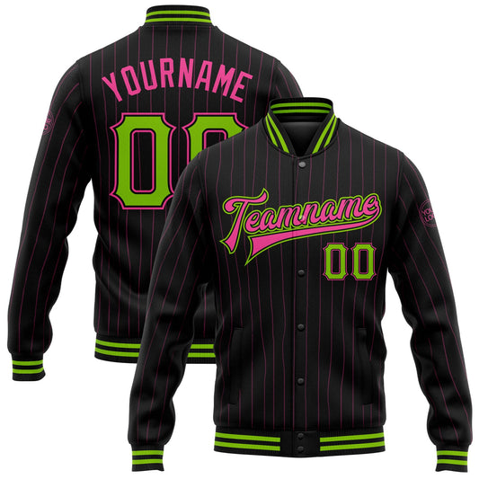 Custom Black Pink Pinstripe Neon Green Bomber Full-Snap Varsity Letterman Jacket - Main View