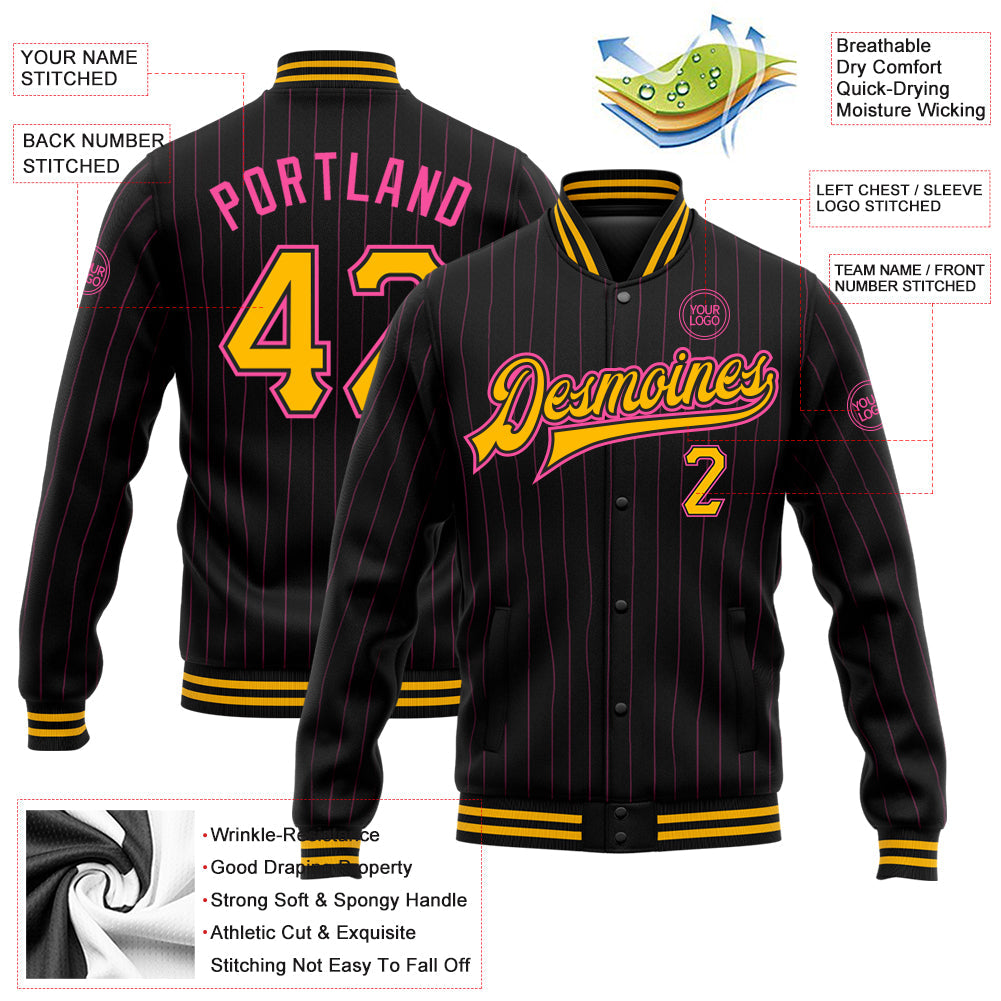 Custom Black Pink Pinstripe Gold Bomber Full-Snap Varsity Letterman Jacket view 5