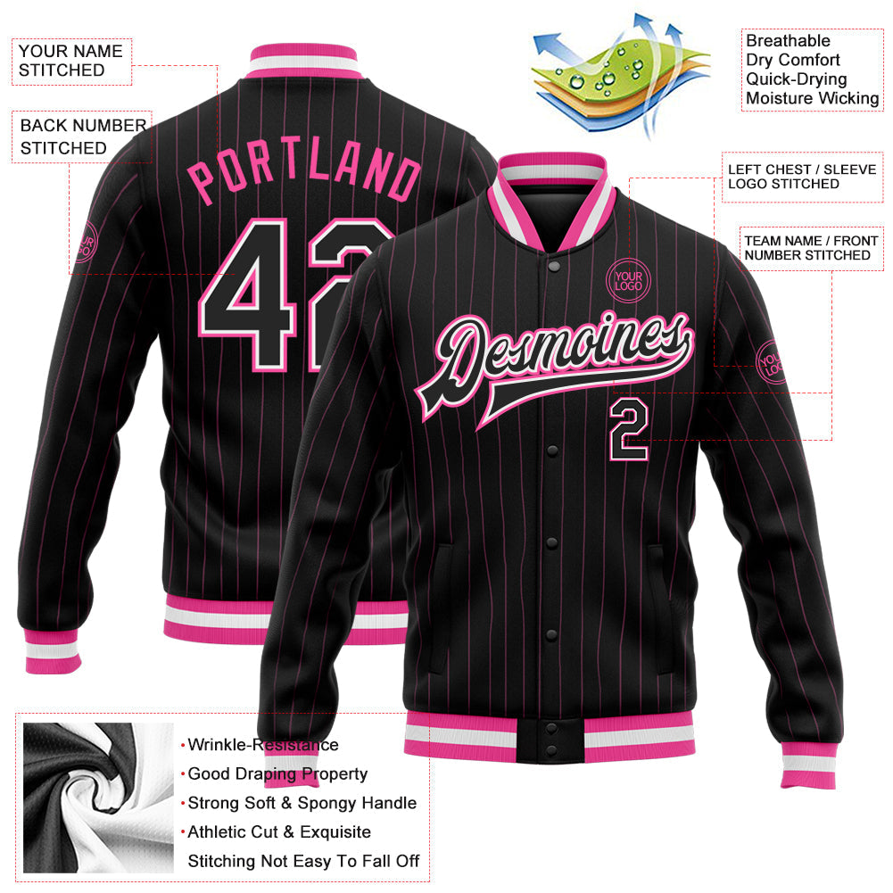 Custom Black Pink Pinstripe Black-White Bomber Full-Snap Varsity Letterman Jacket view 5