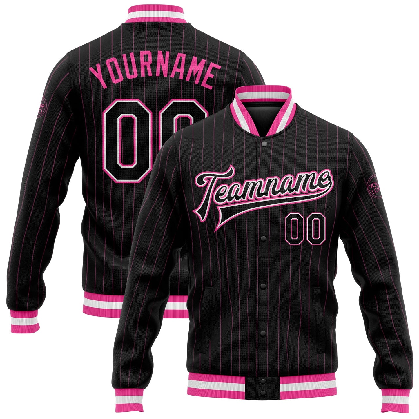 Custom Black Pink Pinstripe Black-White Bomber Full-Snap Varsity Letterman Jacket - Main View