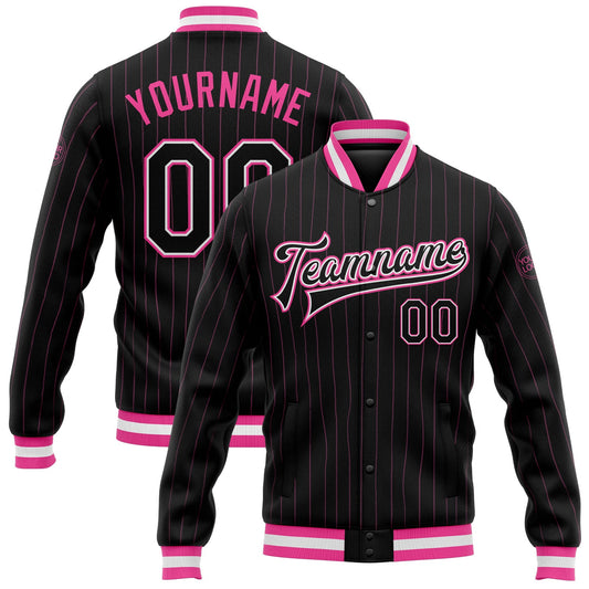 Custom Black Pink Pinstripe Black-White Bomber Full-Snap Varsity Letterman Jacket - Main View