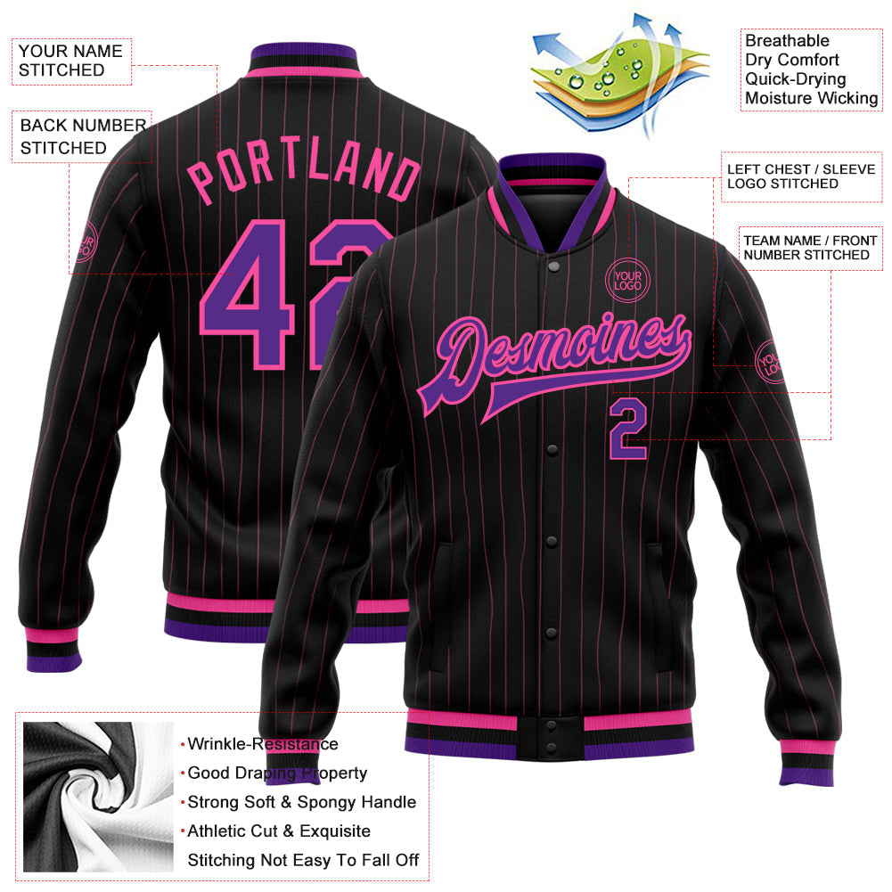 Custom Black Pink Pinstripe Purple Bomber Full-Snap Varsity Letterman Jacket view 5
