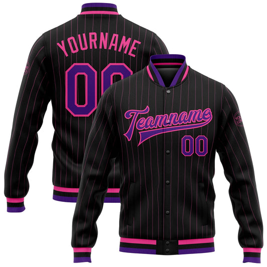 Custom Black Pink Pinstripe Purple Bomber Full-Snap Varsity Letterman Jacket - Main View