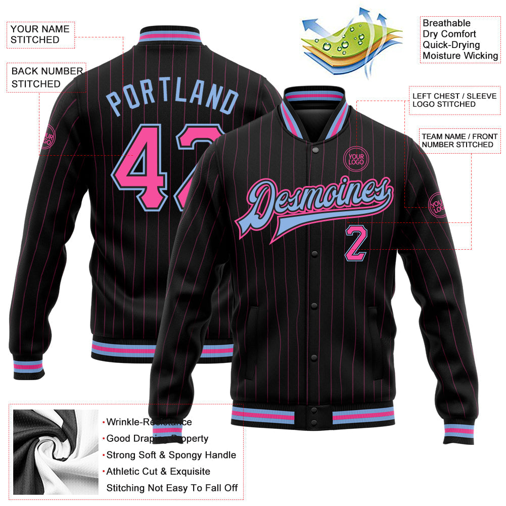 Custom Black Pink Pinstripe Light Blue Bomber Full-Snap Varsity Letterman Jacket view 5