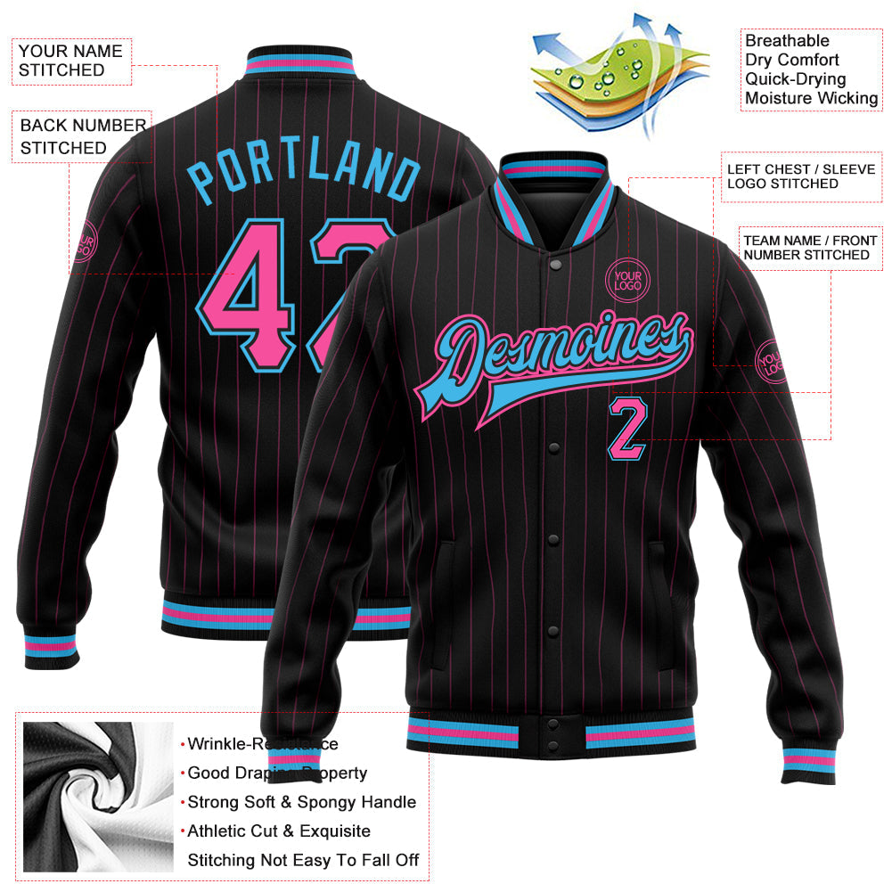 Custom Black Pink Pinstripe Sky Blue Bomber Full-Snap Varsity Letterman Jacket view 5