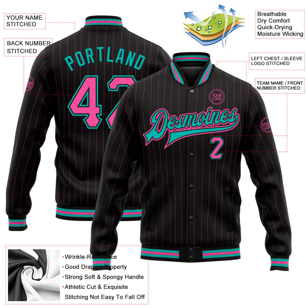 Custom Black Pink Pinstripe Aqua Bomber Full-Snap Varsity Letterman Jacket view 5