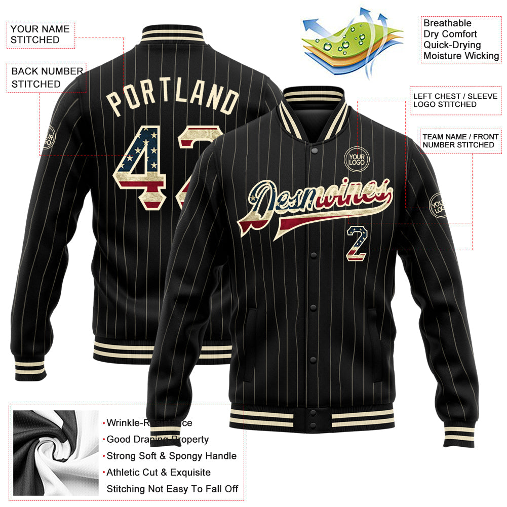 Custom Black Cream Pinstripe Vintage USA Flag Bomber Full-Snap Varsity Letterman Jacket view 5