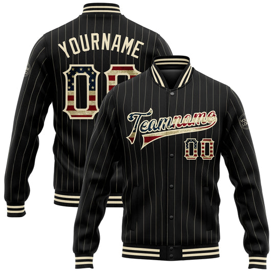 Custom Black Cream Pinstripe Vintage USA Flag Bomber Full-Snap Varsity Letterman Jacket - Main View