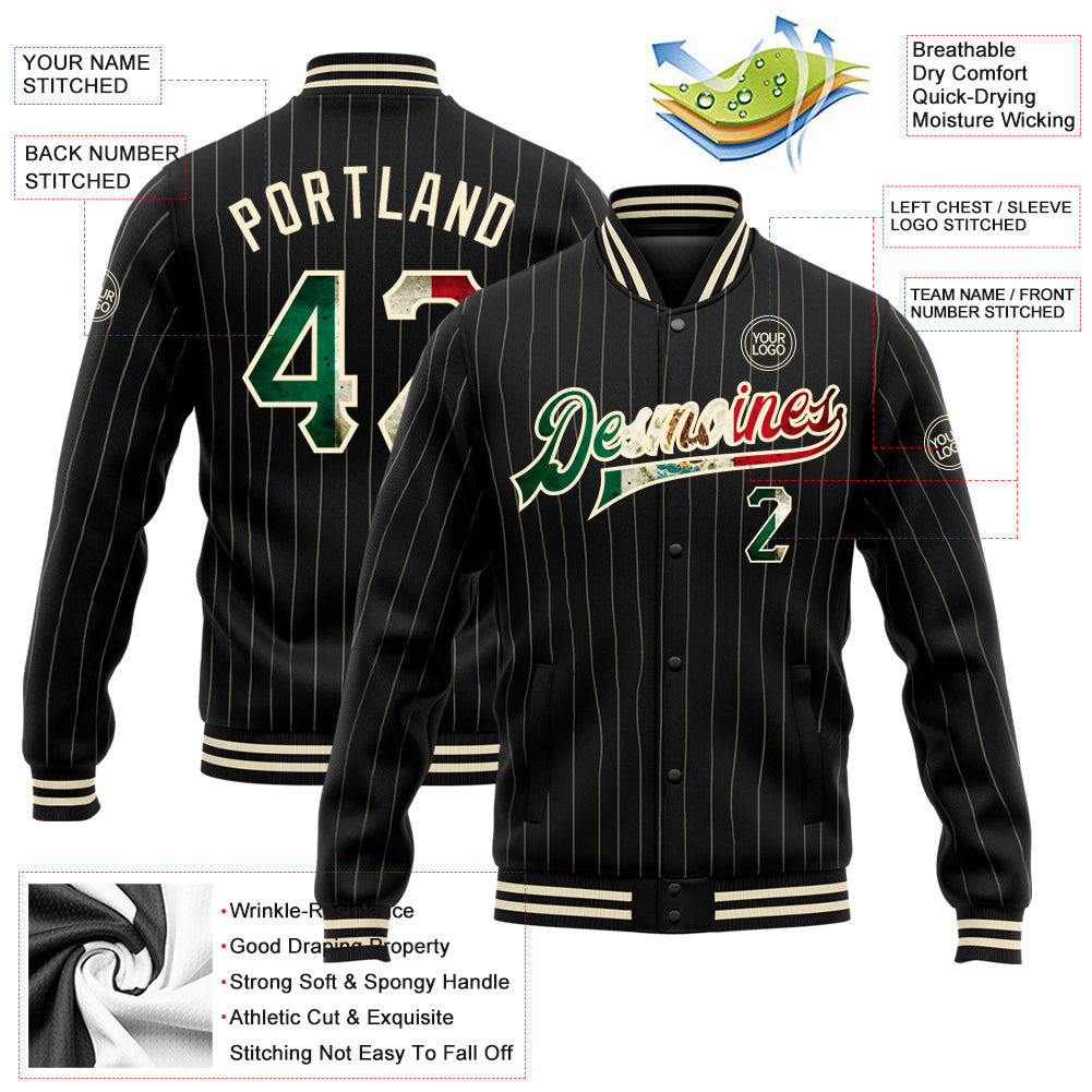 Custom Black Cream Pinstripe Vintage Mexican Flag Bomber Full-Snap Varsity Letterman Jacket view 5