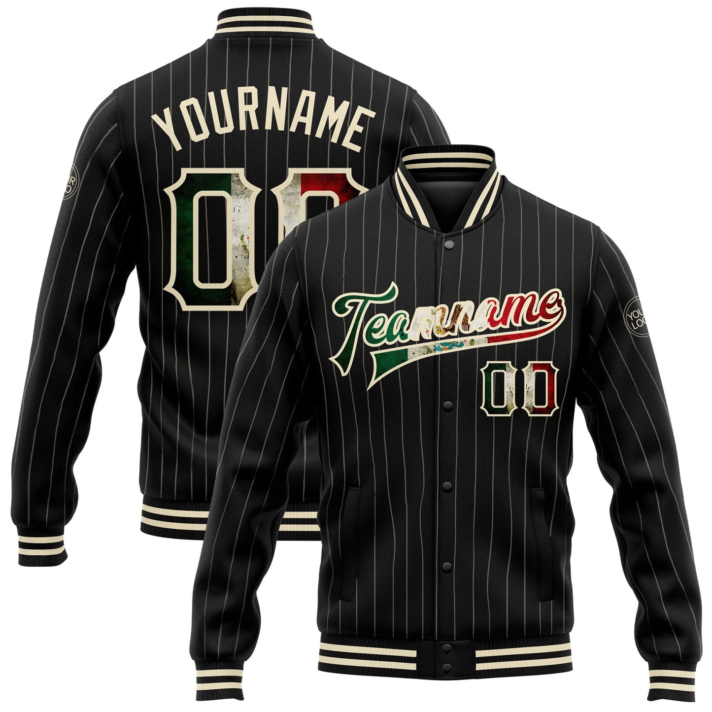 Custom Black Cream Pinstripe Vintage Mexican Flag Bomber Full-Snap Varsity Letterman Jacket - Main View
