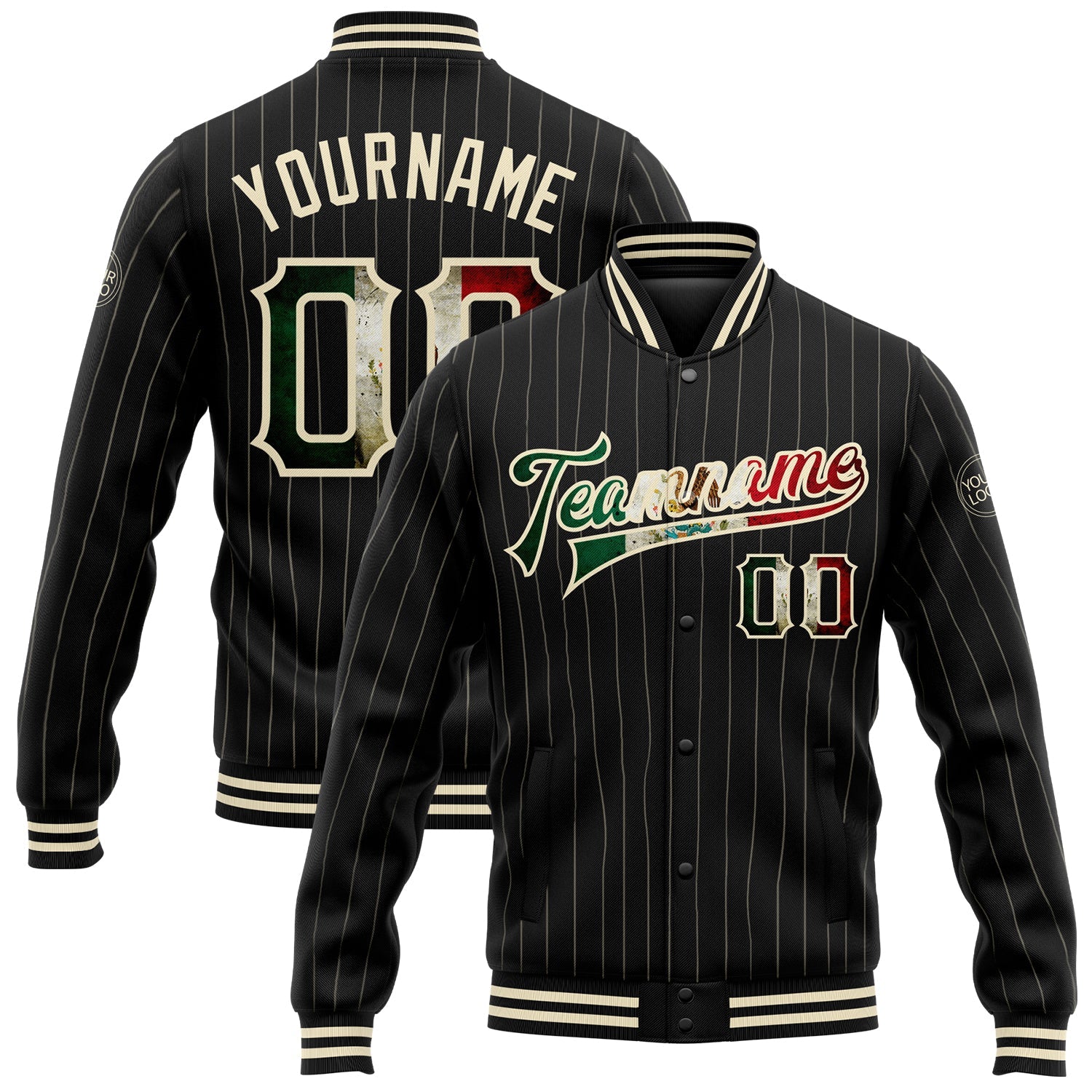 Custom Black Cream Pinstripe Vintage Mexican Flag Bomber Full-Snap Varsity Letterman Jacket - Main View