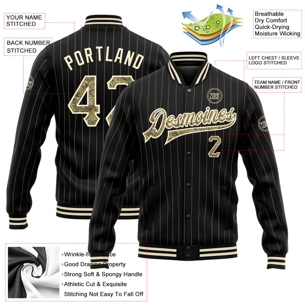 Custom Black Cream Pinstripe Camo Bomber Full-Snap Varsity Letterman Jacket view 5